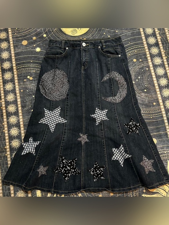 Dresses & Skirts - Black Denim A-Line Skirt with Celestial Star & Moon Appliqués